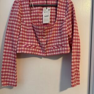 Zara Pink and White Checkered Blazer